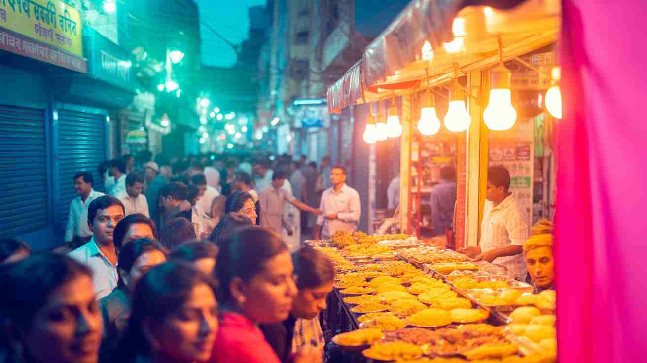 Sarafa Chowpatty vendors and crowd in Indore