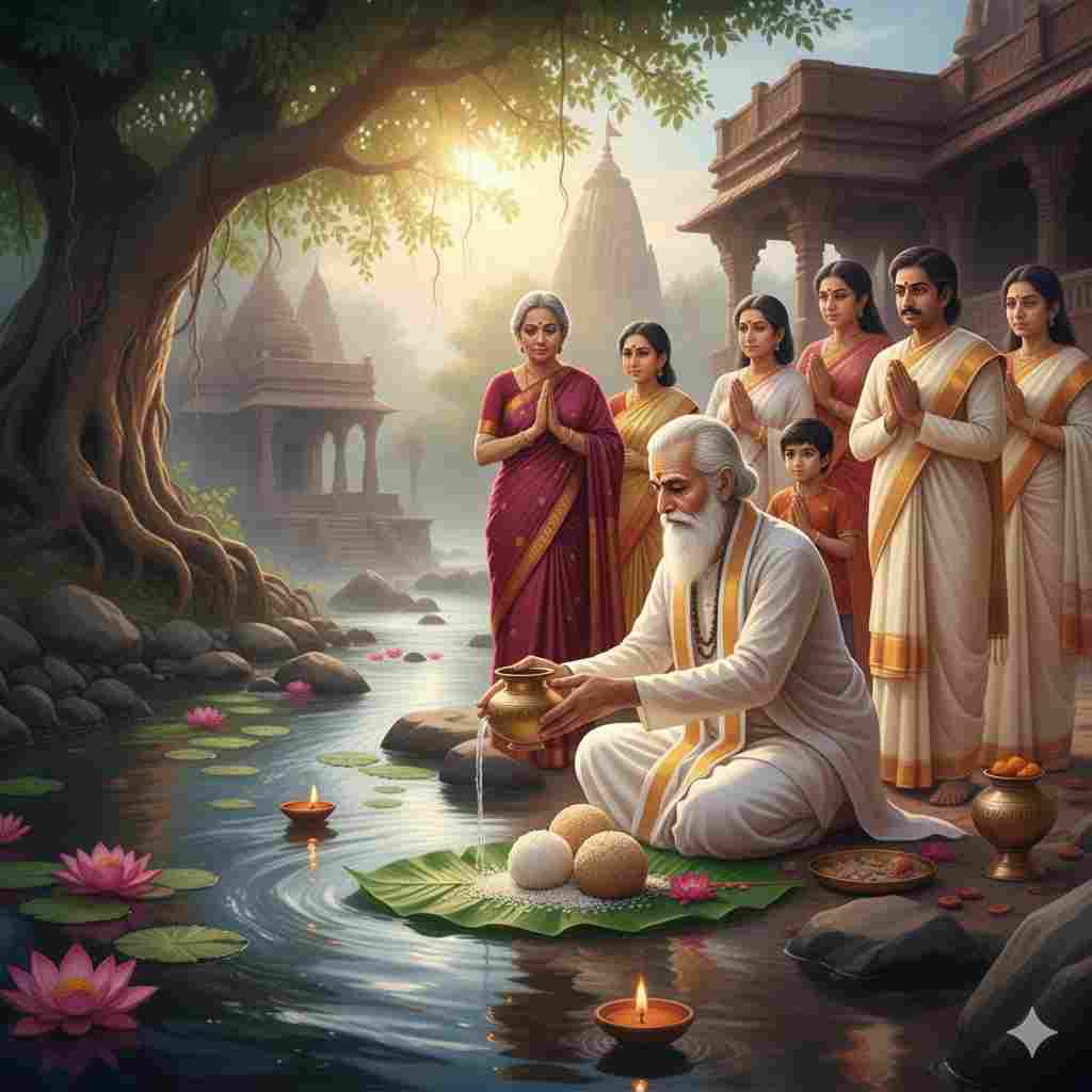 श्राद्ध क्या है? — पितृपक्ष का पूरा, पौराणिक और शोध आधारित परिचय जानिए 2025 में 3 तर्पण की विधि – तिल और जल अर्पण करते श्रद्धालु, श्राद्ध क्या है ? उसके विधि और व्याख्यान