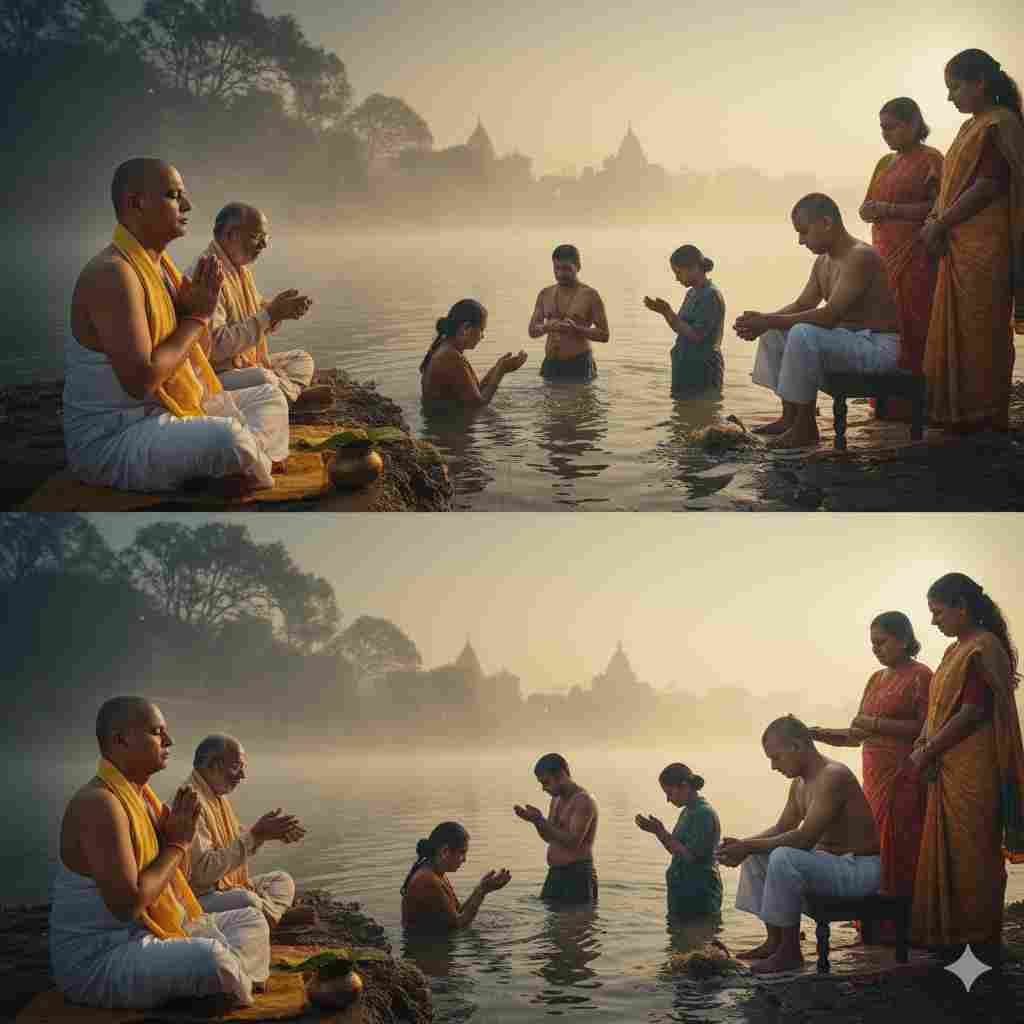 श्राद्ध क्या है? — पितृपक्ष का पूरा, पौराणिक और शोध आधारित परिचय जानिए 2025 में 1 पितृ पक्ष में श्राद्ध कर्म करते हुए व्यक्ति – तर्पण और पिंडदान का दृश्य , श्राद्ध क्या है? इसके विधि और व्याख्यान