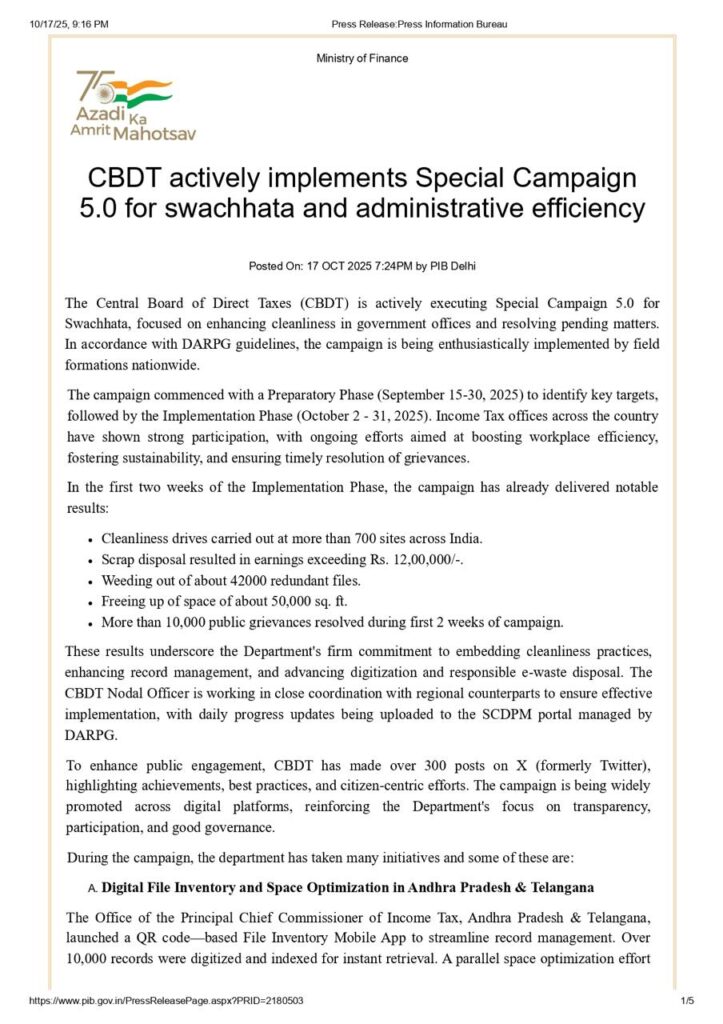 CBDT द्वारा स्पेशल कैंपेन 5.0: स्वच्छता और प्रशासनिक दक्षता की दिशा में एक क्रांतिकारी कदम 1 CBDT द्वारा स्पेशल कैंपेन 5.0 की पृष्ठभूमि और इतिहास